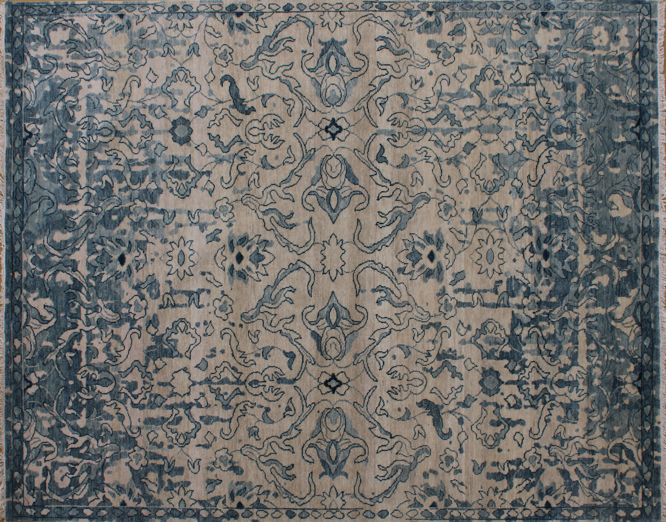 Distressed Ivory and Blue Floral Vine Rug 8ft x 10ft - Handknotted Carpet Manufacturer Mirzapur